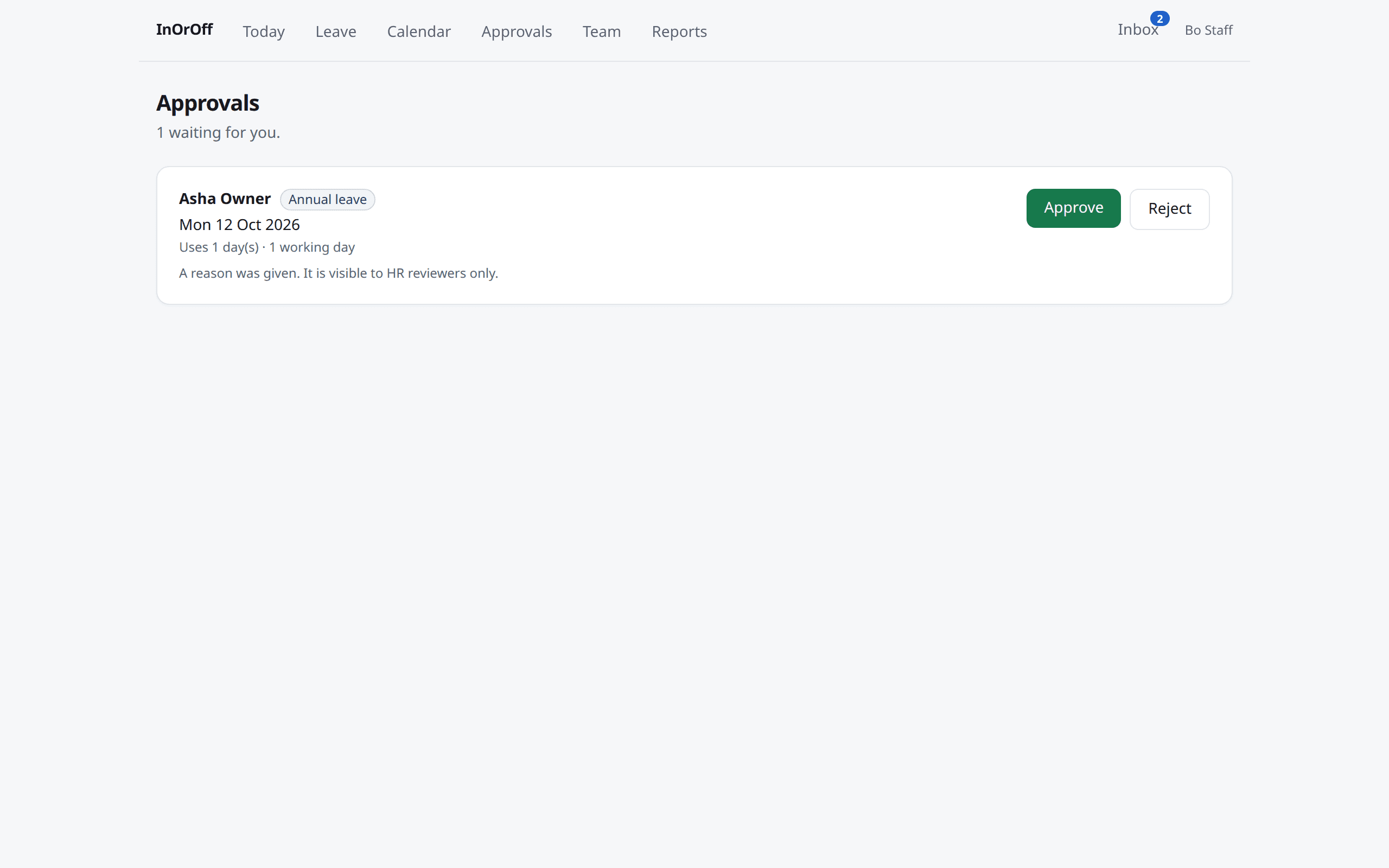 The Approvals inbox listing a request with its dates, working days and decision buttons