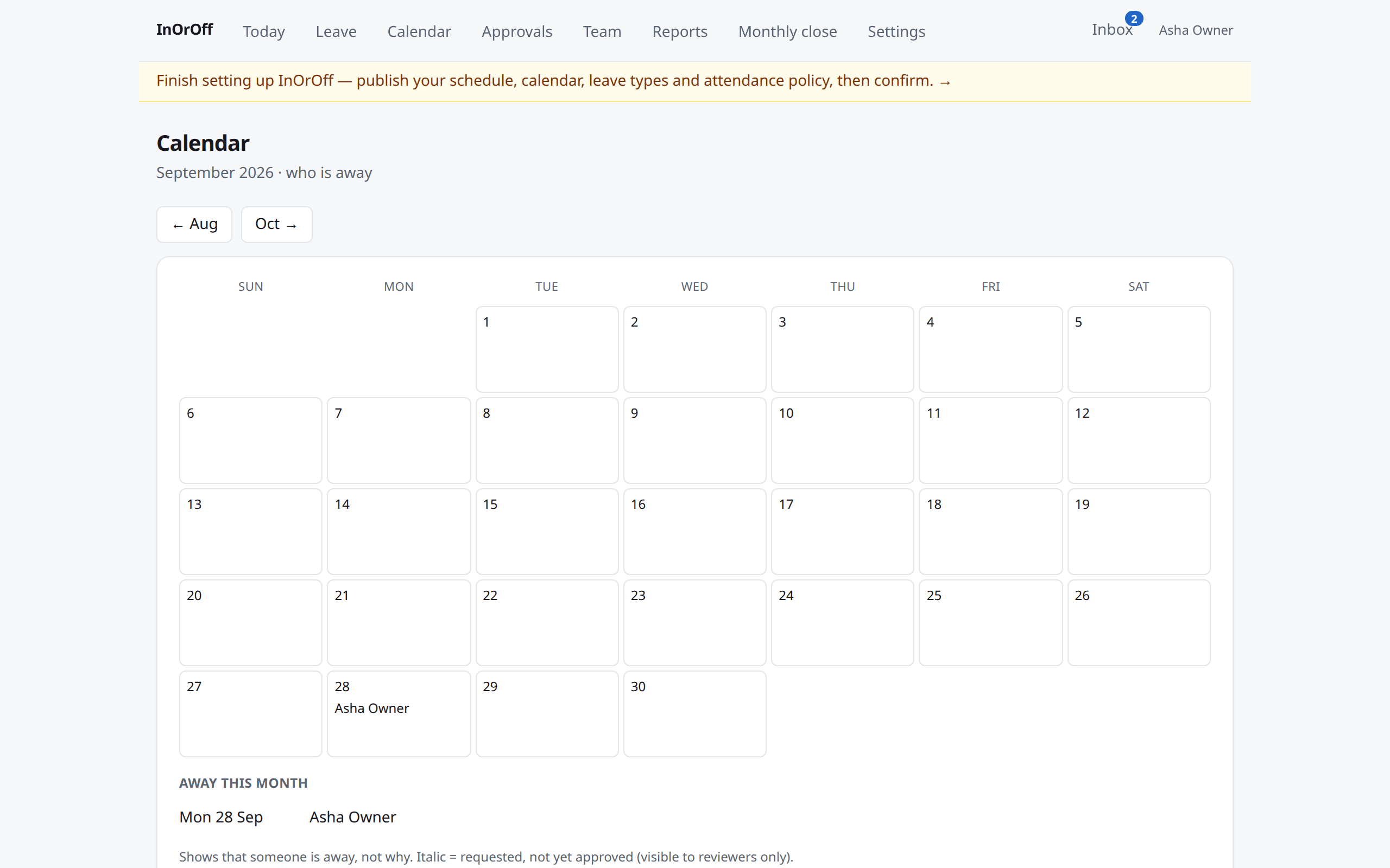 The team calendar showing who is away, with holidays marked