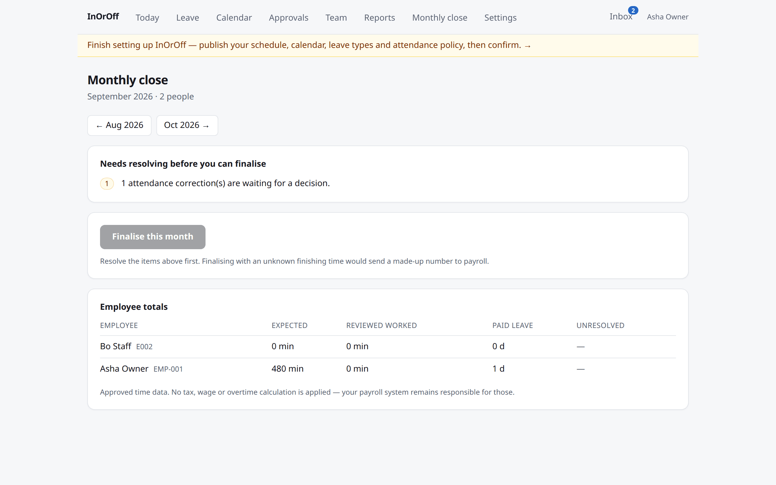 The Monthly close page with readiness checks and the finalised versions