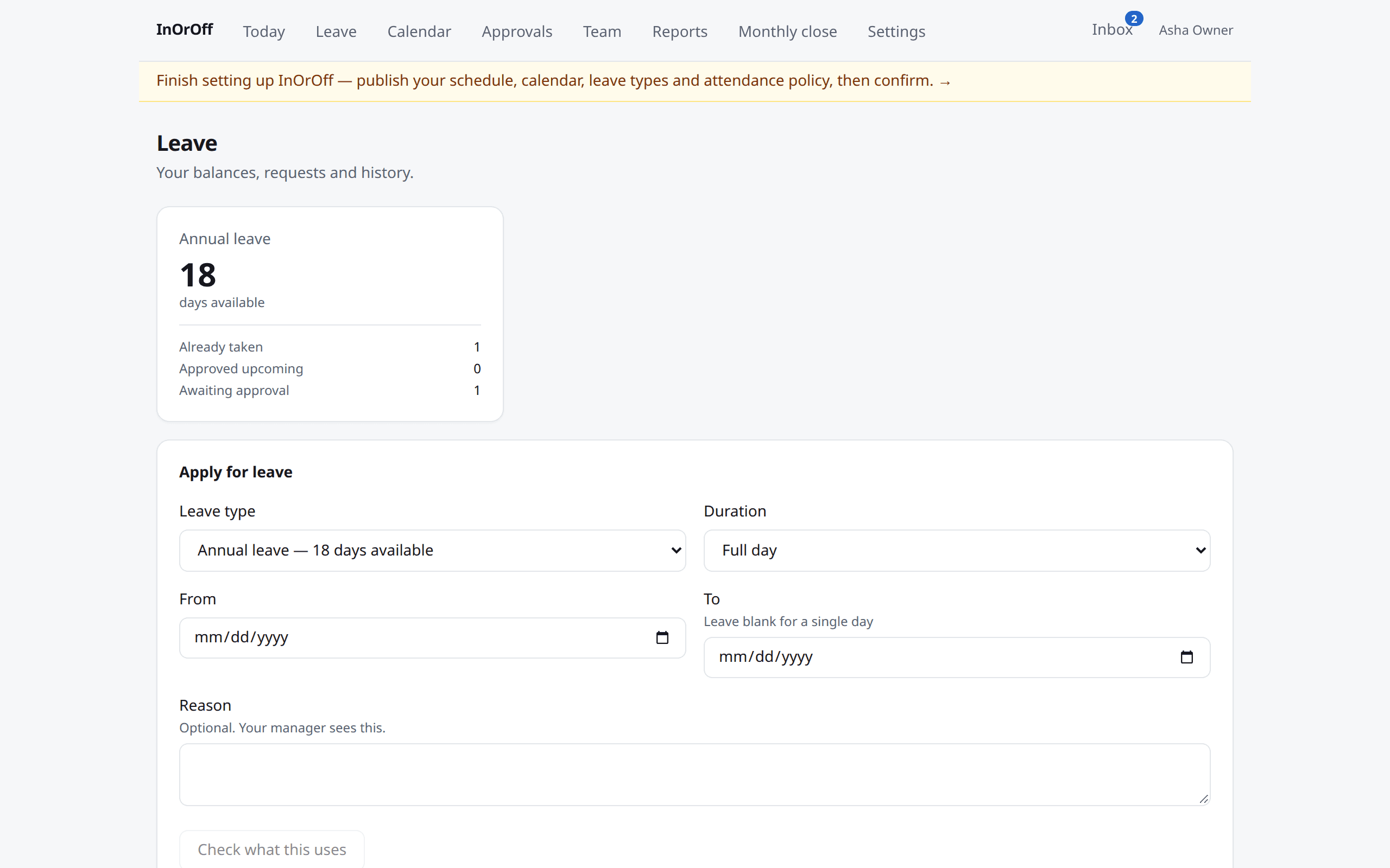 The Leave page: balances with already taken, approved upcoming and expiring, the request form with a preview of what a request uses