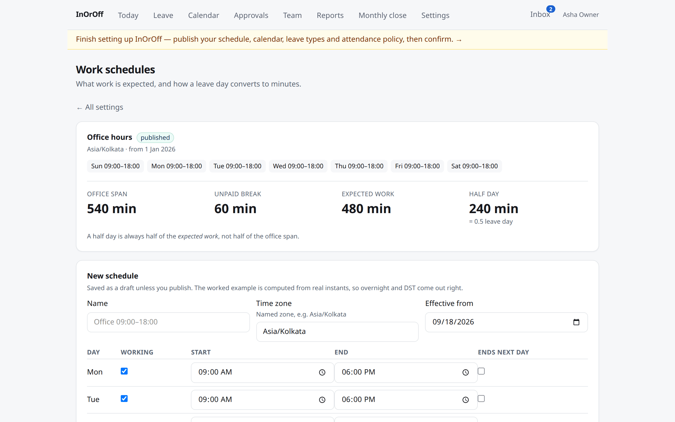 The work schedules page with weekday hours, a break, and the published worked example