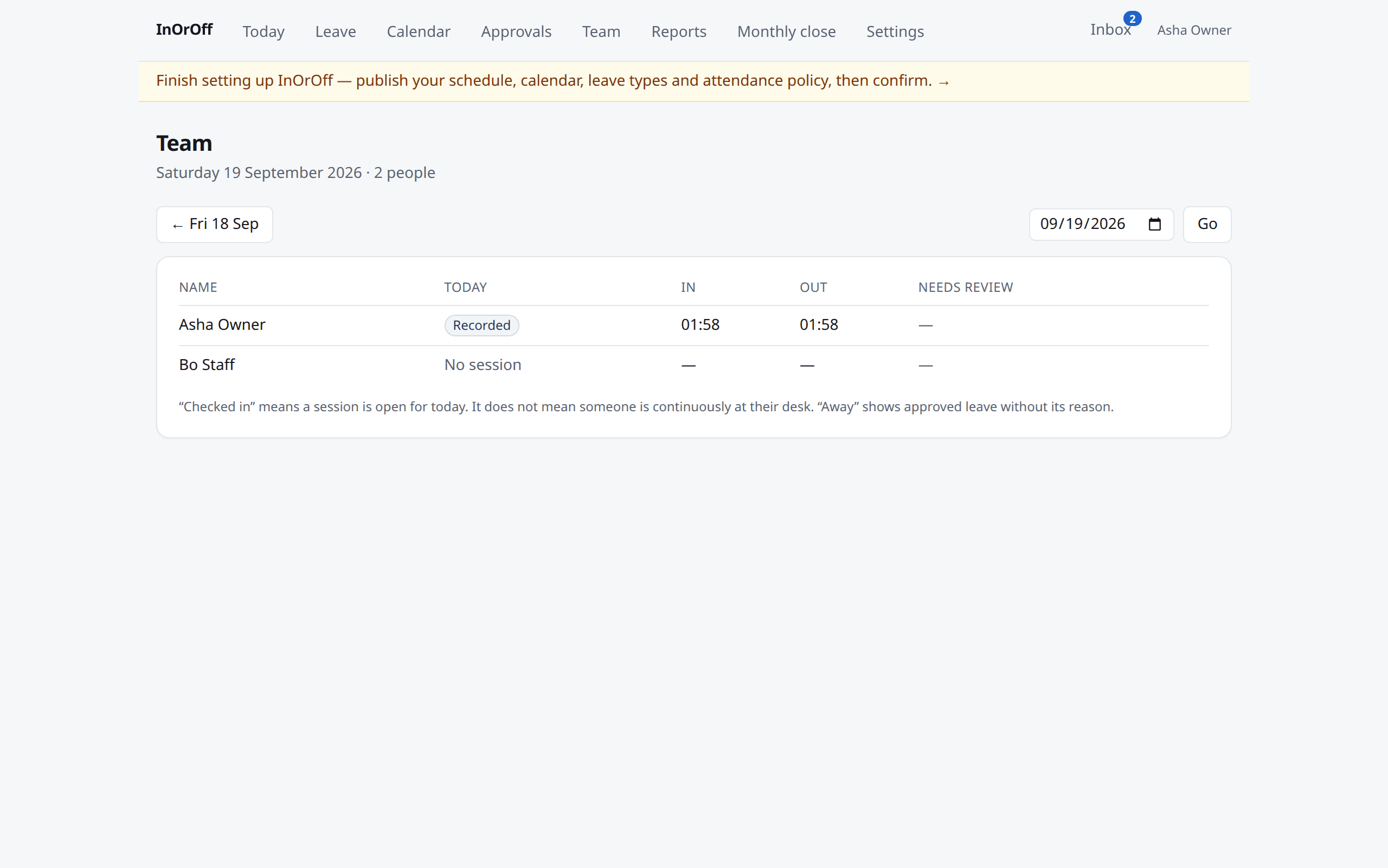The Team page for a day: each person with their status, started and ended times