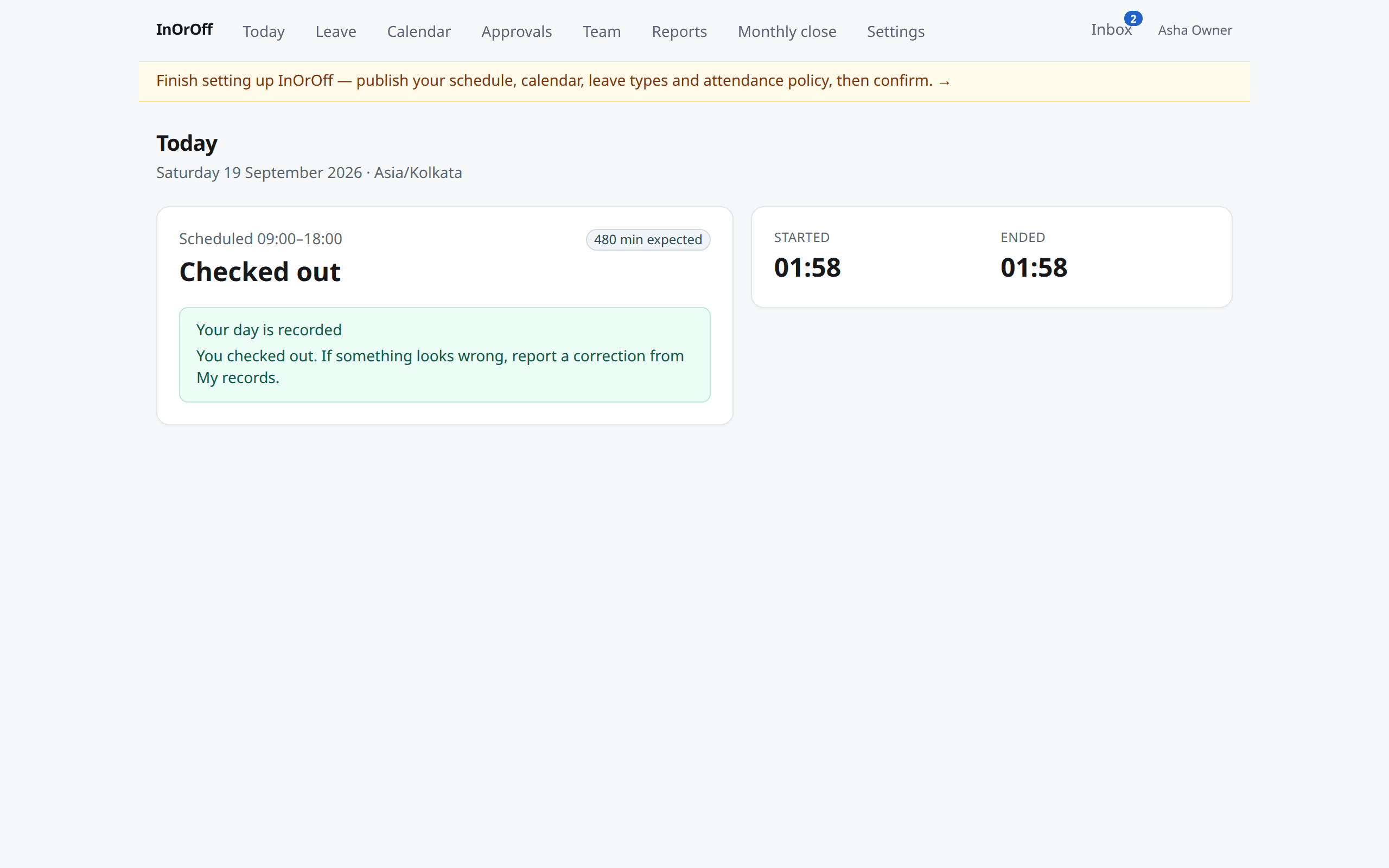 The Today page: scheduled hours, a Check in button, and the day's started and ended times